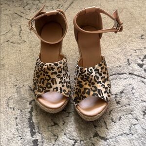 Leopard Print Ankle-Strap Wedge Sandals - Women